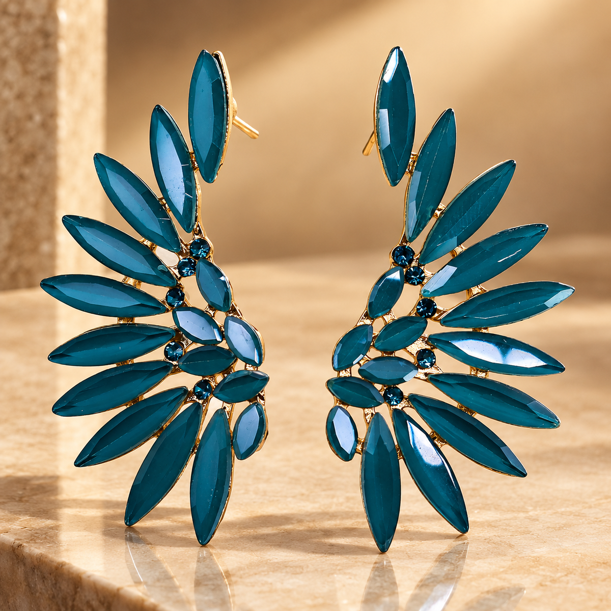 Boucles d’oreilles ailes d’ange en verre, vert sarcelle