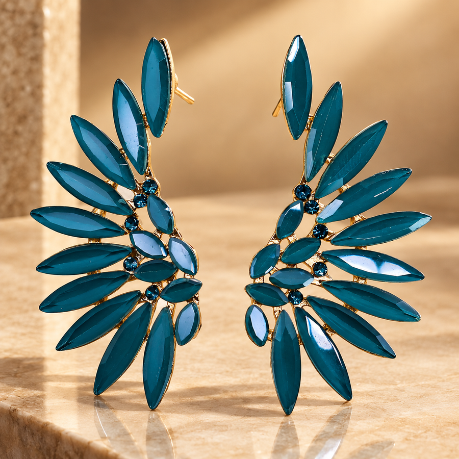 Boucles d’oreilles ailes d’ange en verre, vert sarcelle