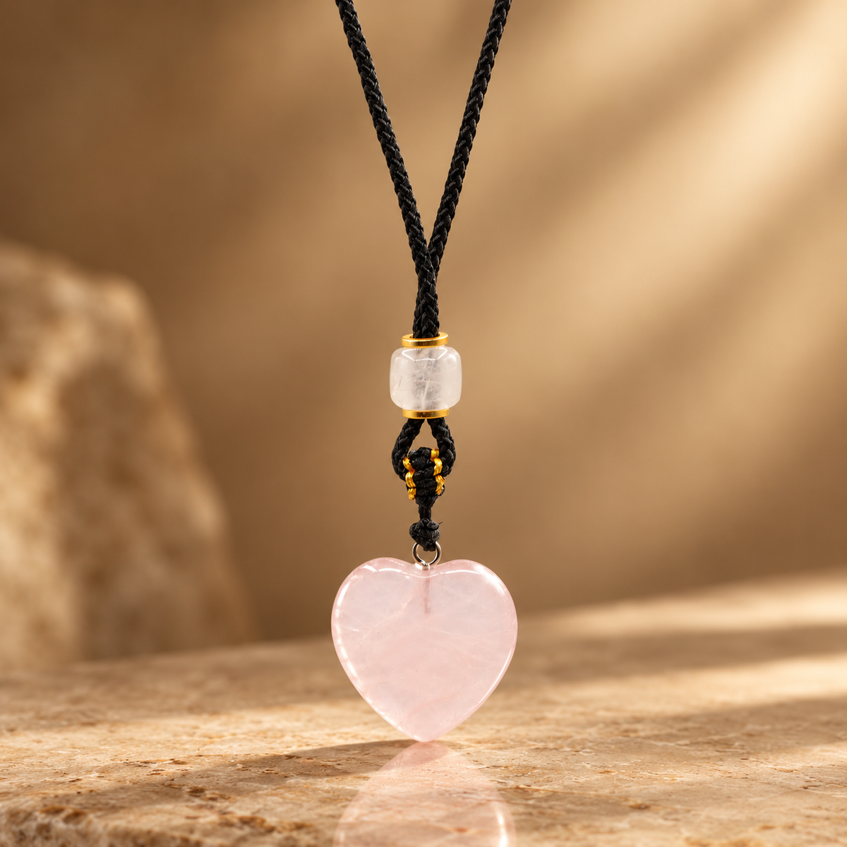Collier sur cordon, cœur en quartz rose
