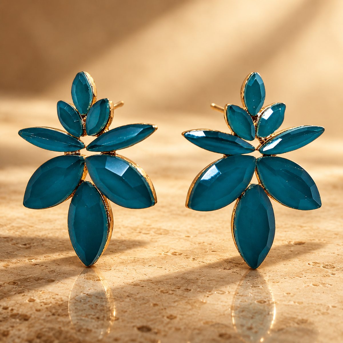 Boucles d’oreilles fleurs en verre, vert sarcelle
