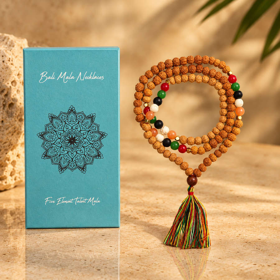 Mala de Bali en rudraksha, talent des cinq éléments