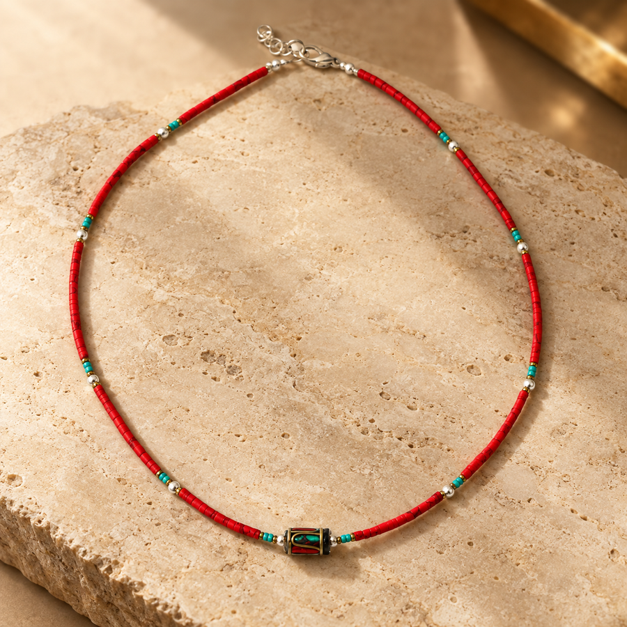 Collier népalais en perles fines, perle tribale en corail