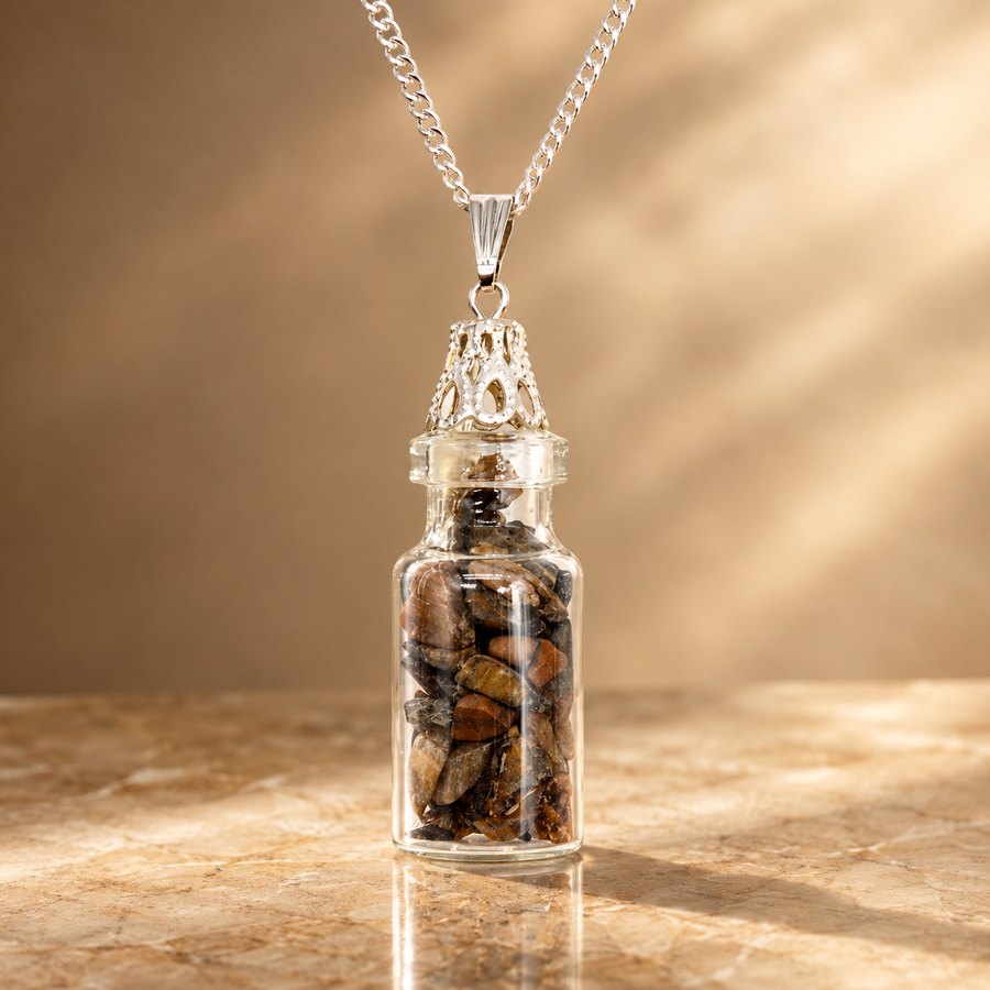 Collier de gemmes en fiole, œil de tigre