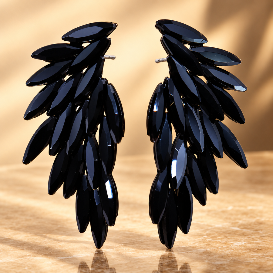 Boucles d’oreilles ailes d’ange en verre, noir de jais