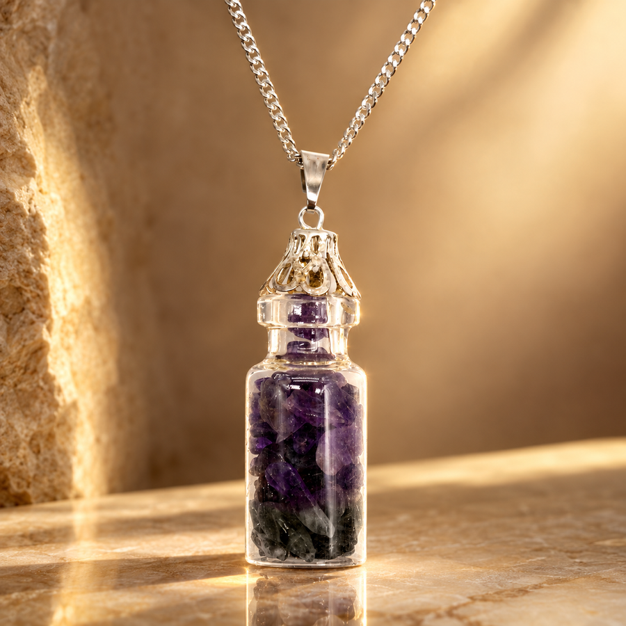 Collier de gemmes en fiole, améthyste