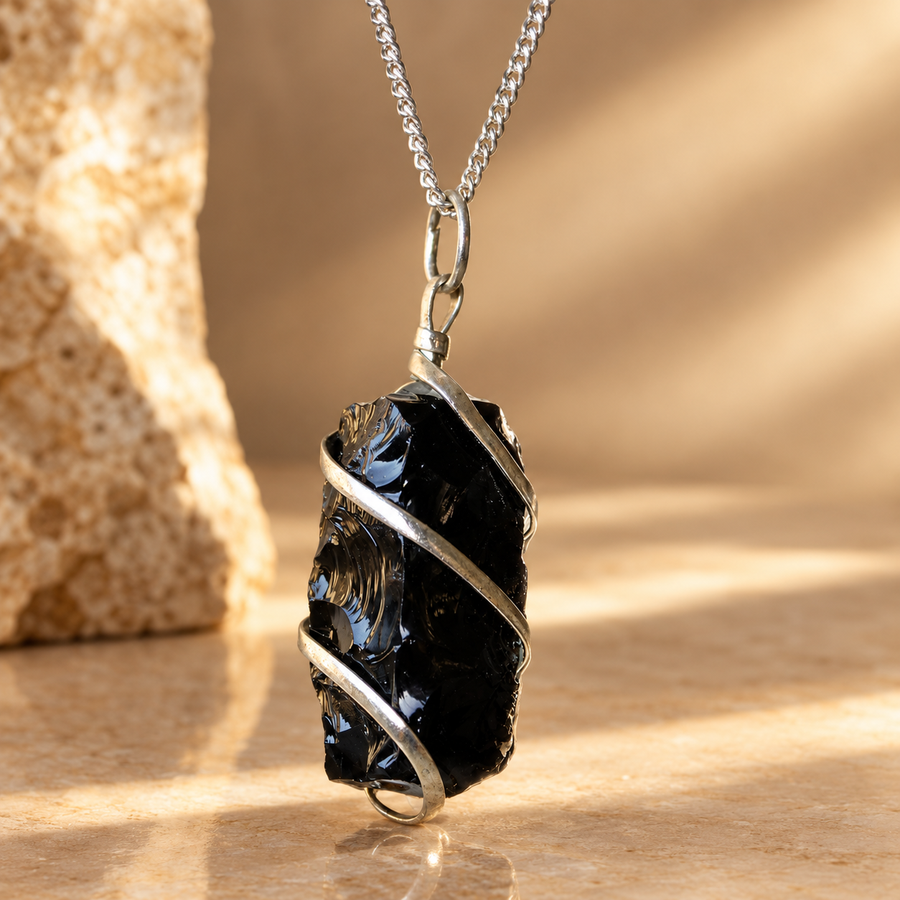 Collier de gemmes en cascade, onyx noir brut