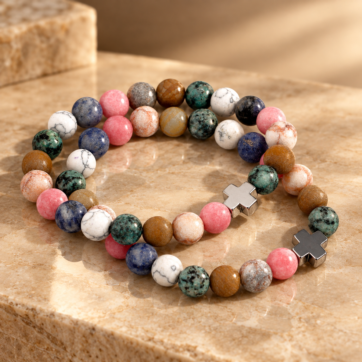 Lot de 2 bracelets d’amitié, pierres arc-en-ciel
