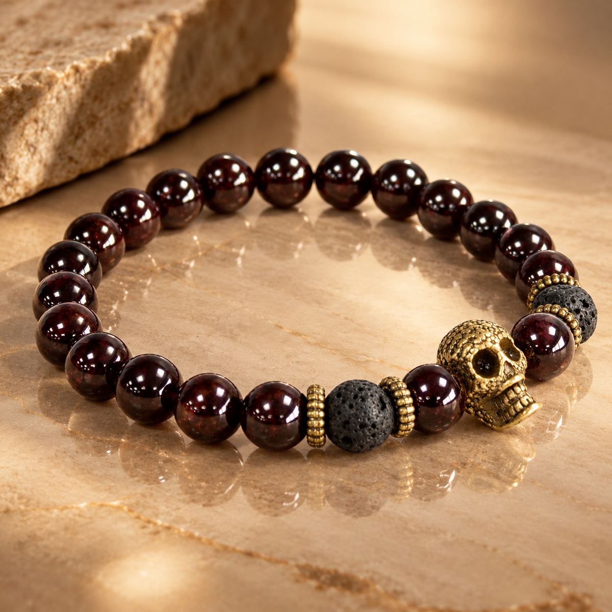 Bracelet en pierre de sang, tête de mort en bronze