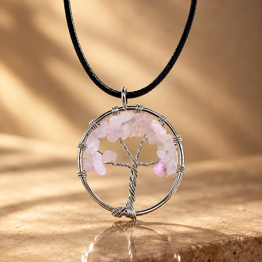 Pendentif arbre de vie en quartz rose
