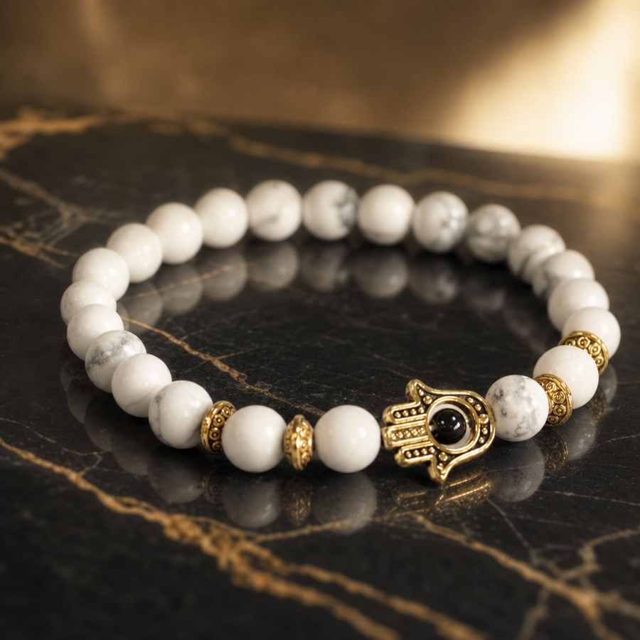 Bracelet en pierre blanche, main de Fatma dorée