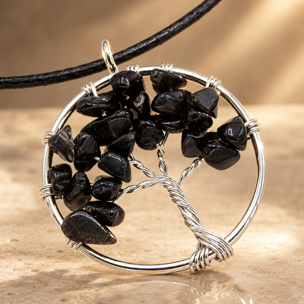Pendentif arbre de vie en agate noire