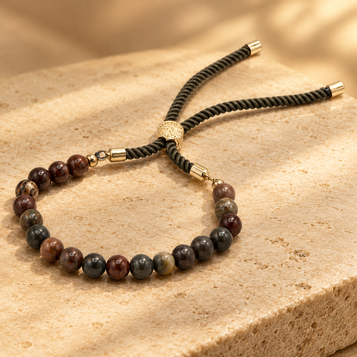 Bracelet ajustable en jaspe Picasso, cordon vert mousse — vue 2