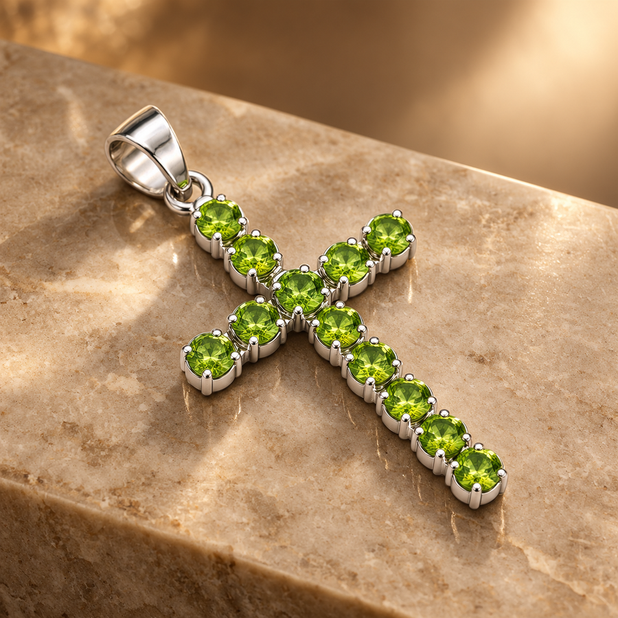 Pendentif croix en péridot, plaqué argent