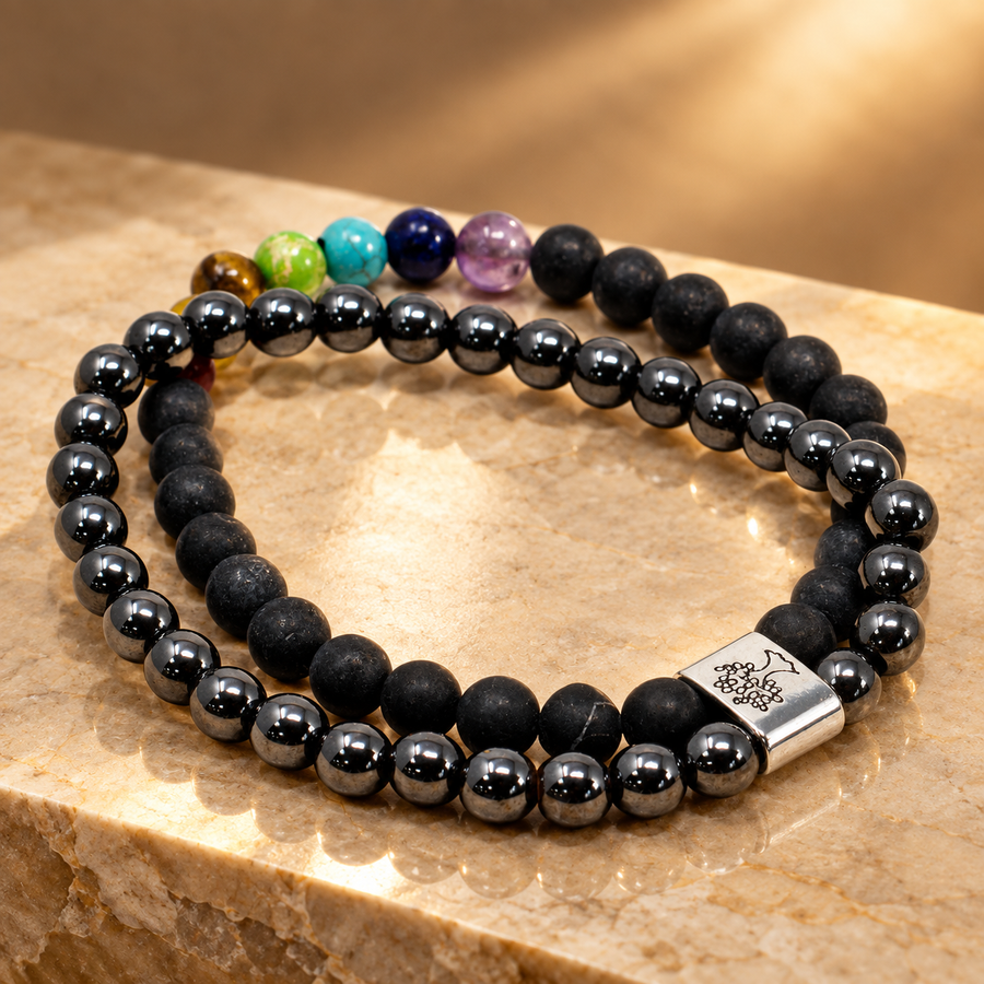 Duo de bracelets magnétiques, pierre noire et chakras