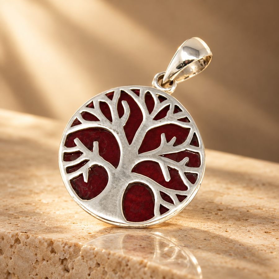 Pendentif arbre de vie en argent 925, effet corail, 22 mm