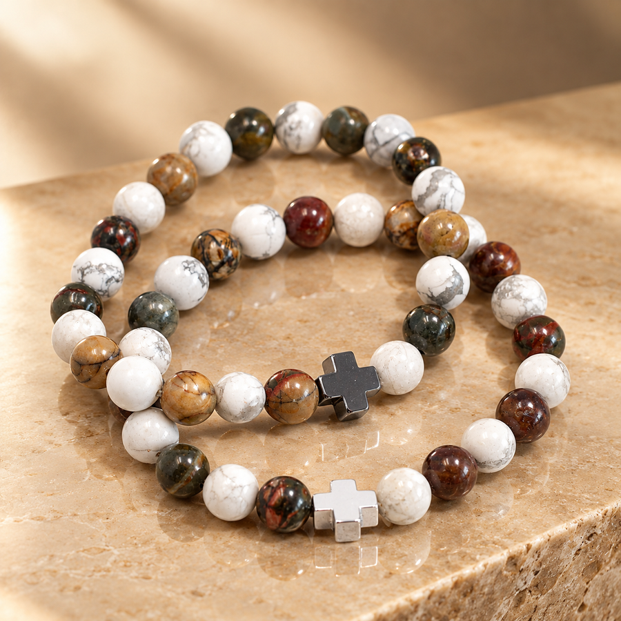 Lot de 2 bracelets d’amitié, jaspe Picasso et howlite