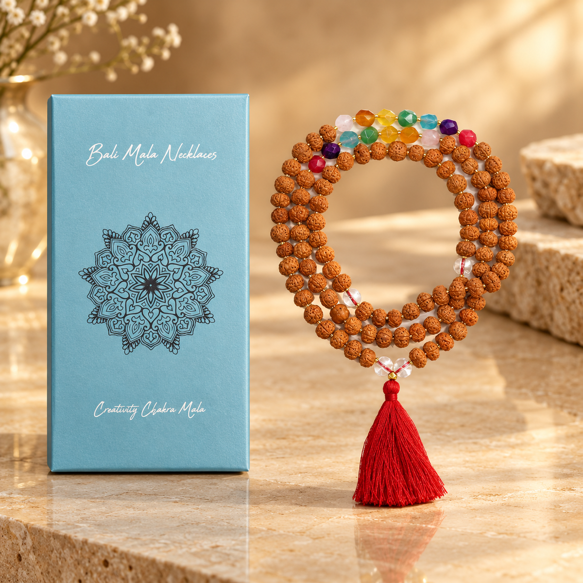 Mala de Bali en rudraksha, chakra de la créativité