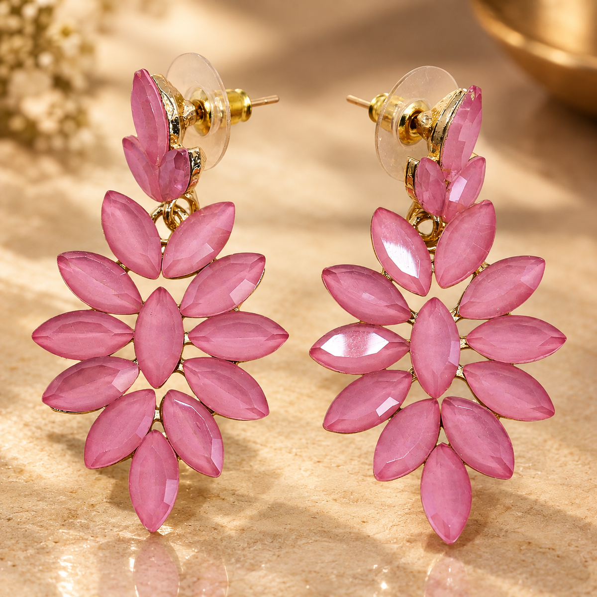 Boucles d’oreilles longues en verre, rose pâle