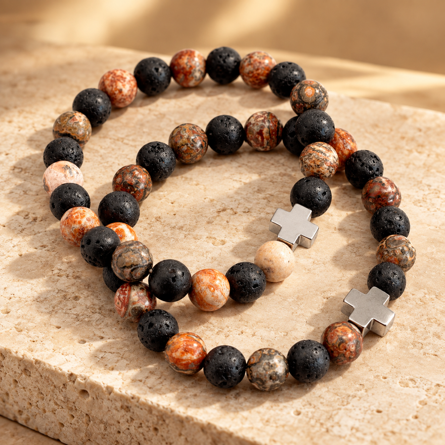 Lot de 2 bracelets d’amitié, peau de léopard et lave