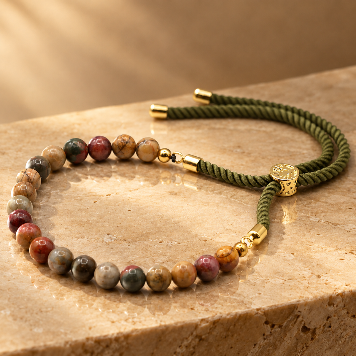 Bracelet ajustable en jaspe Picasso, cordon vert mousse