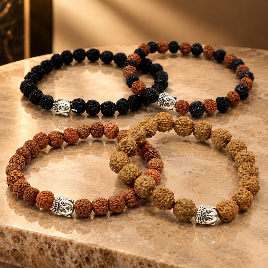 4 Bracelets Bouddha en rudraksha, modèles assortis