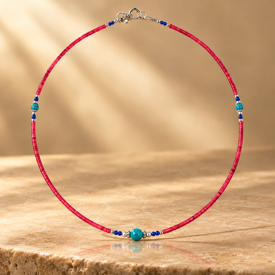Collier népalais en perles fines, corail rose et turquoise