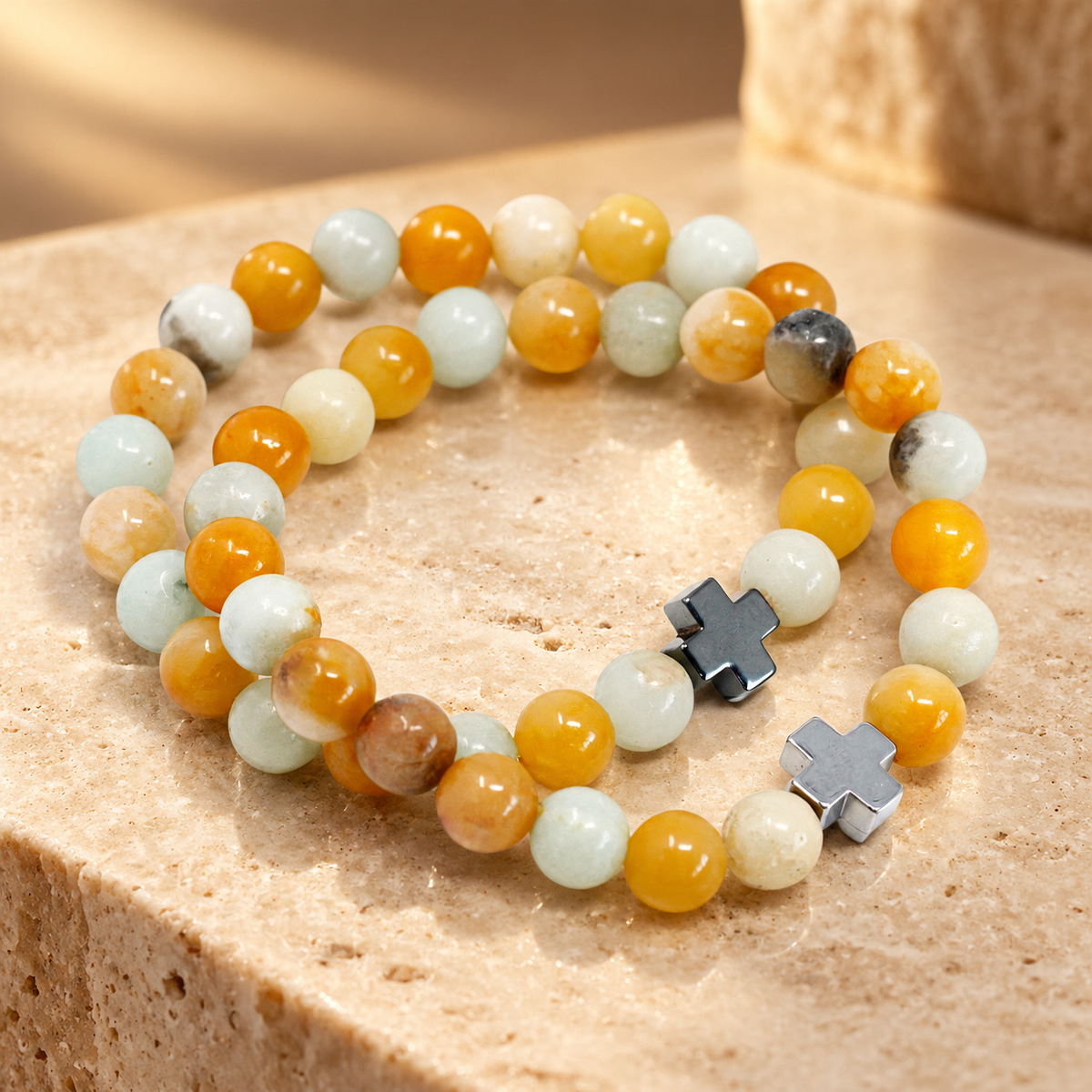 Lot de 2 bracelets d’amitié, amazonite et jaspe jaune
