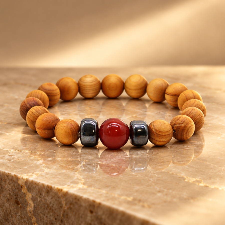 Bracelet en cèdre et jaspe rouge, chakra racine