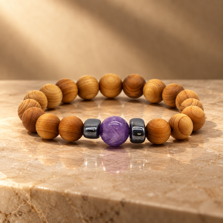 Bracelet en cèdre et améthyste, chakra du troisième œil