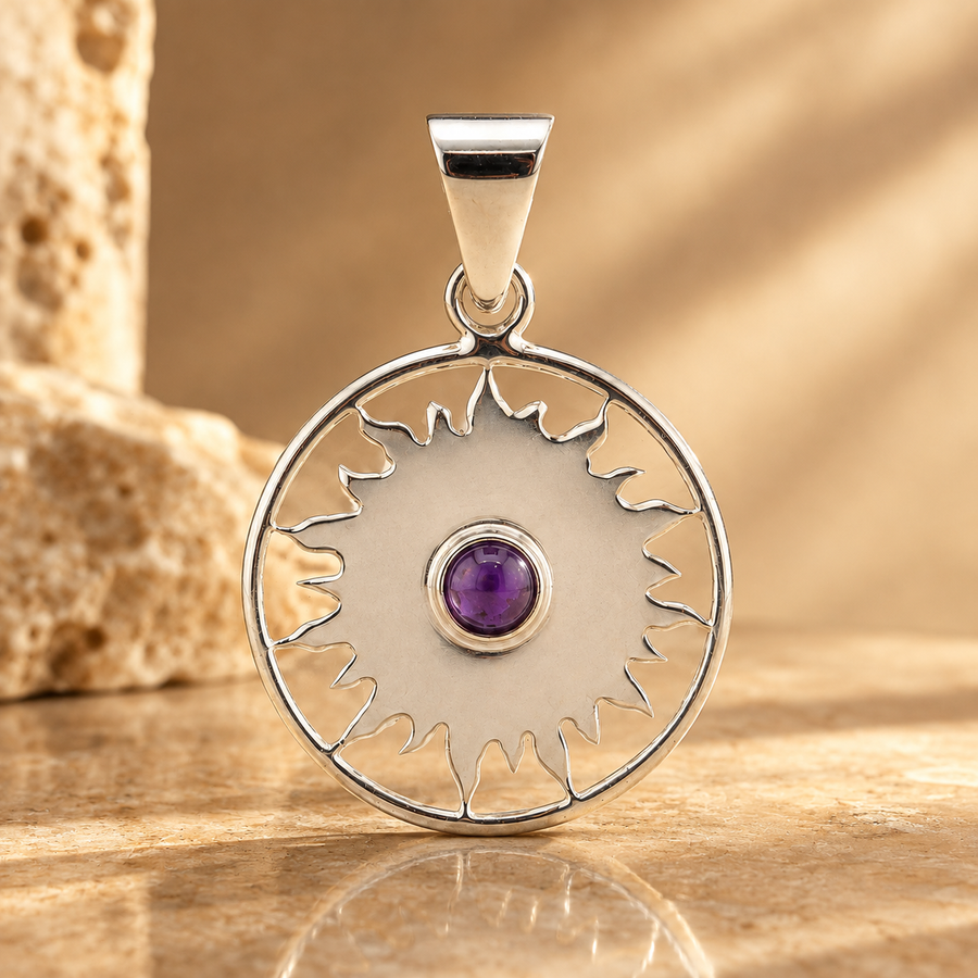 Pendentif soleil et améthyste, plaqué argent