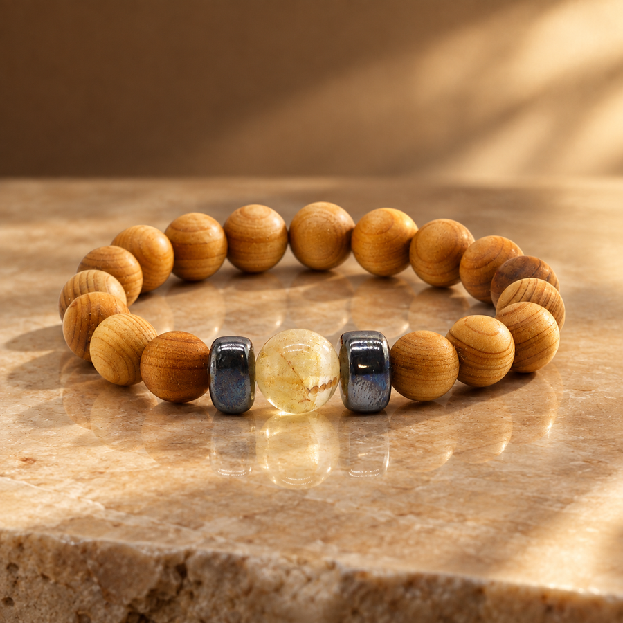 Bracelet en cèdre et citrine, chakra du plexus solaire