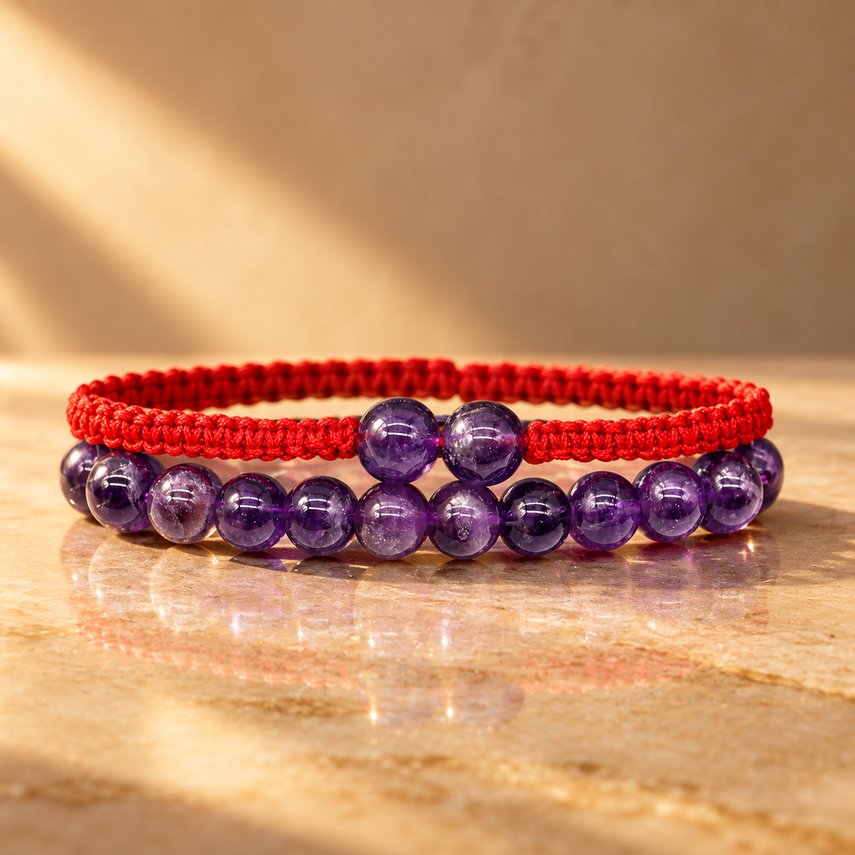 Duo de bracelets en améthyste, cordon et perles
