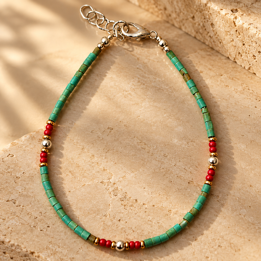 Bracelet népalais en perles fines, turquoise et pierre