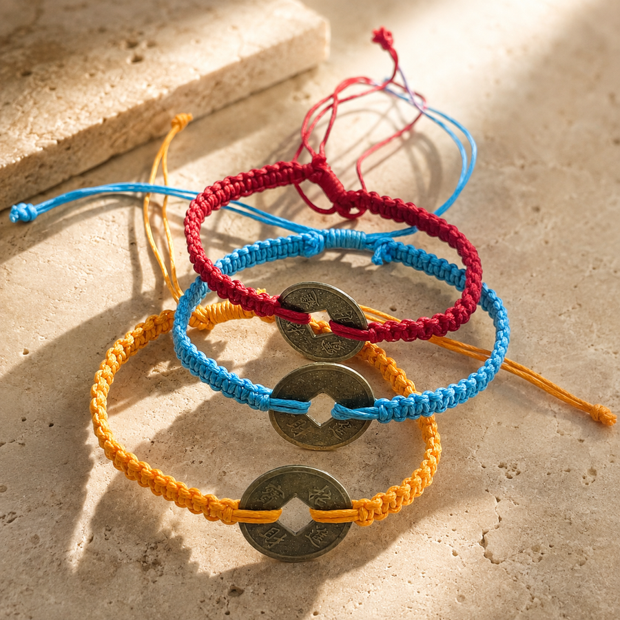 Bracelet d’amitié tressé, pièce feng shui
