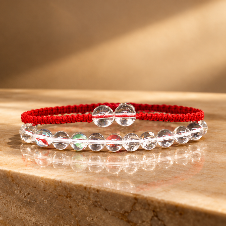 Duo de bracelets en cristal de roche, cordon et perles