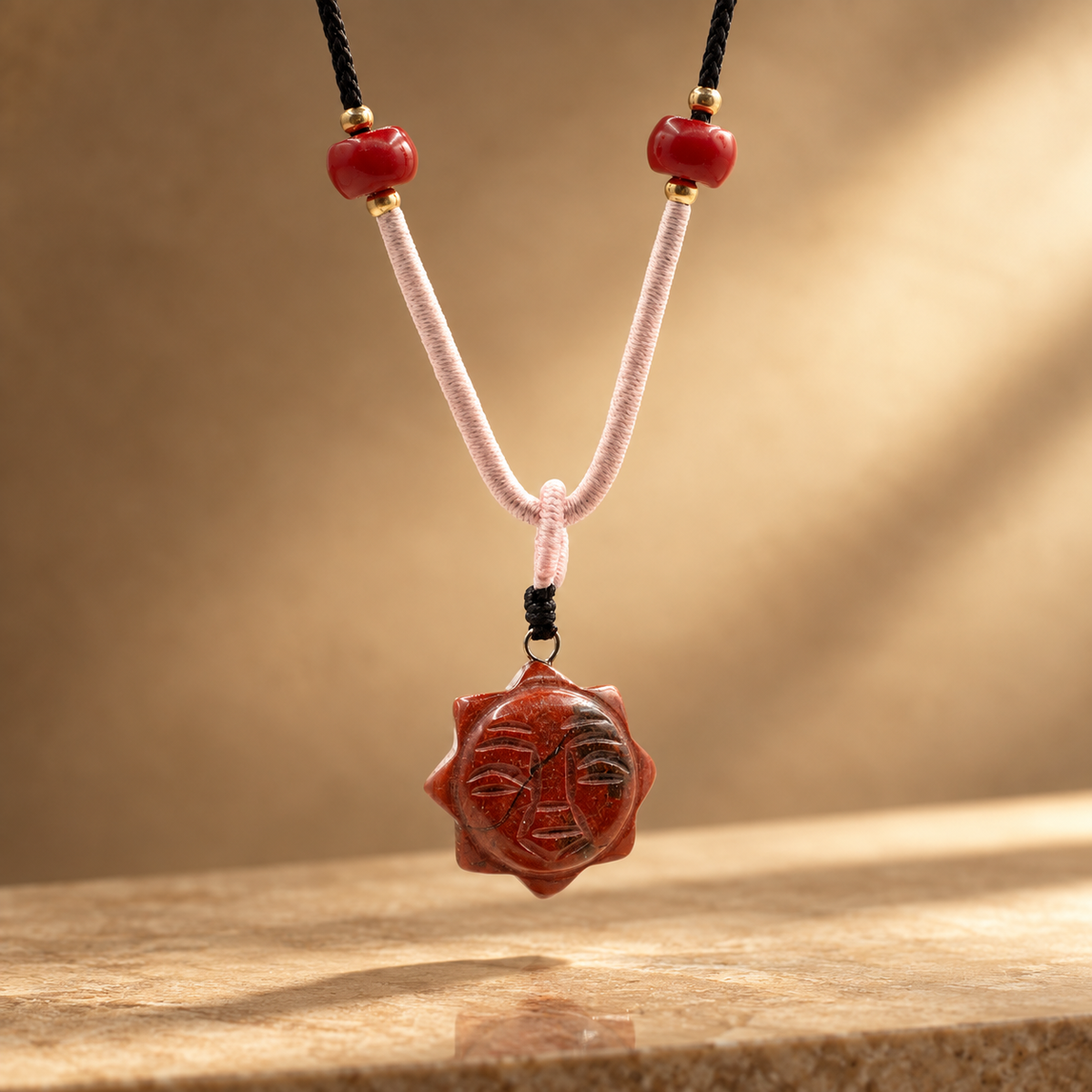Collier sur cordon, soleil en cornaline