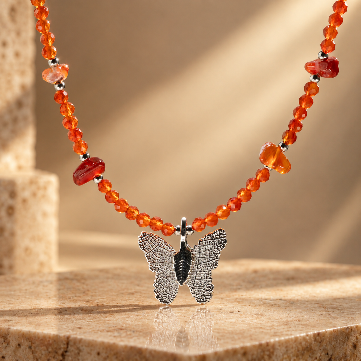 Collier de rubis, papillon en feuille réelle