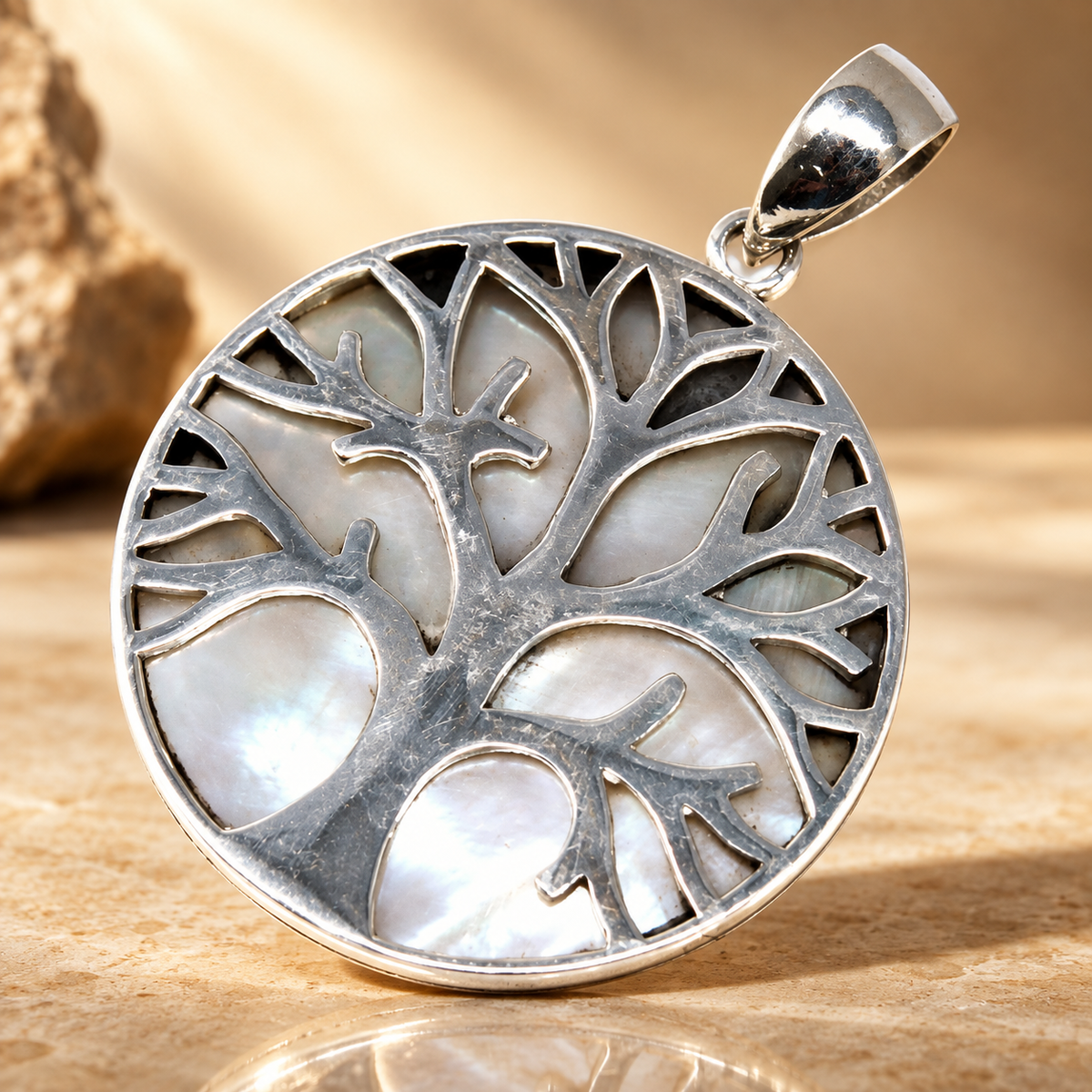 Pendentif arbre de vie en argent 925, nacre, 30 mm