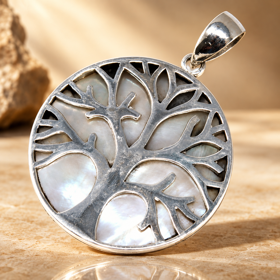 Pendentif arbre de vie en argent 925, nacre, 30 mm