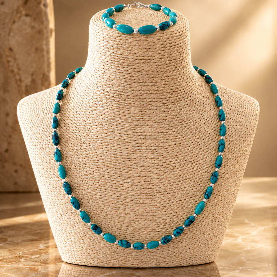 Parure népalaise en turquoise, collier et bracelet