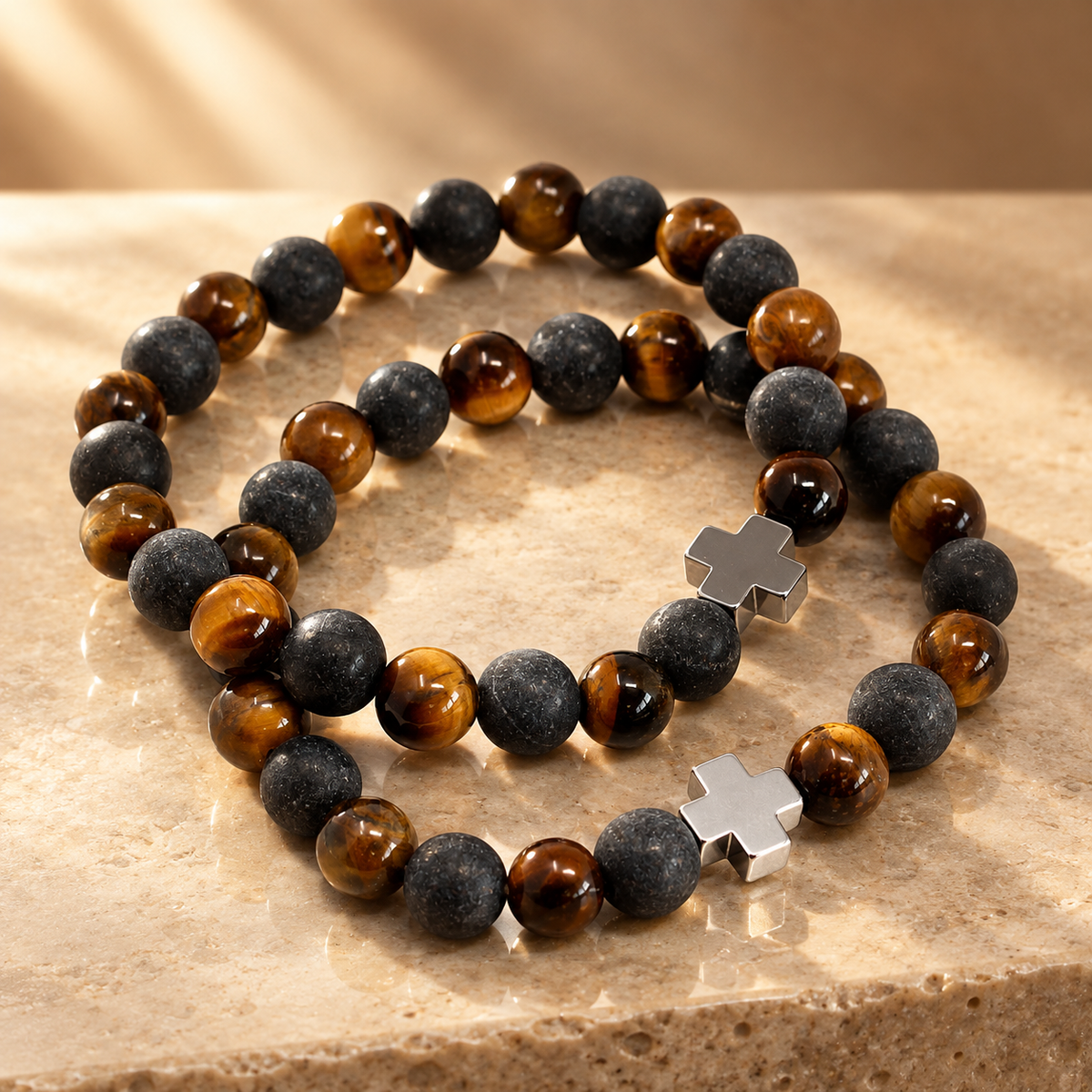 Lot de 2 bracelets d’amitié, œil de tigre et pierre noire