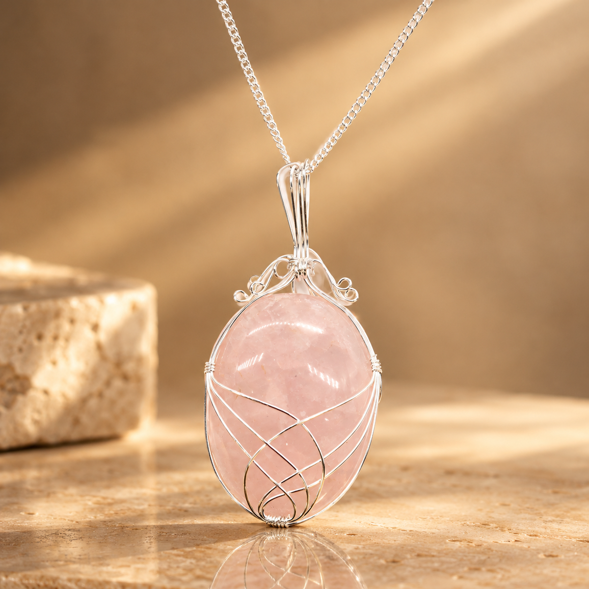 Collier de gemmes en spirale, quartz rose