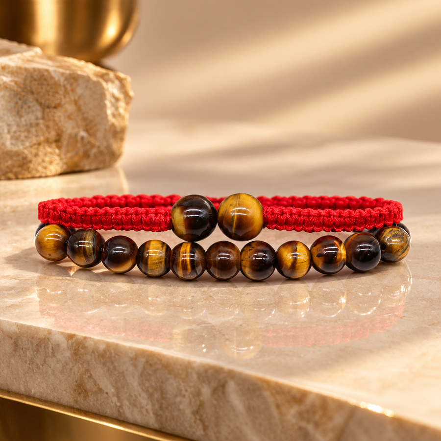 Duo de bracelets en œil de tigre, cordon et perles