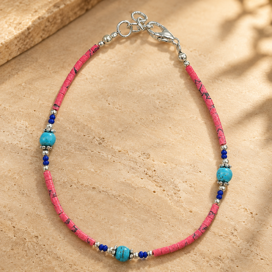 Bracelet népalais en perles fines, corail rose et turquoise