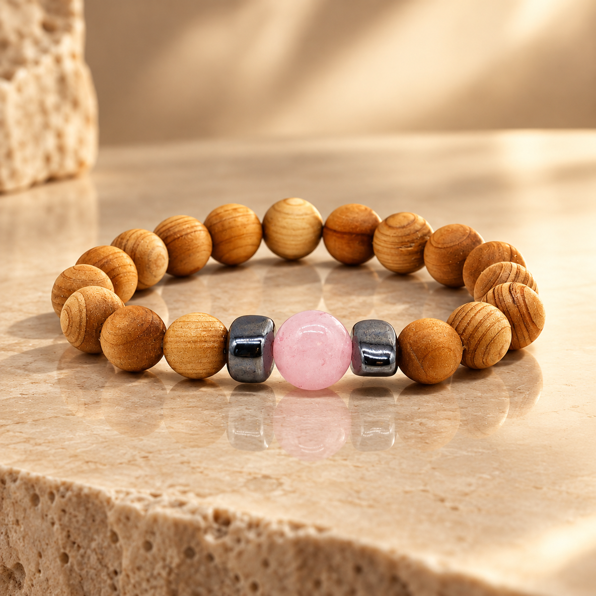 Bracelet en cèdre et quartz rose, chakra du cœur