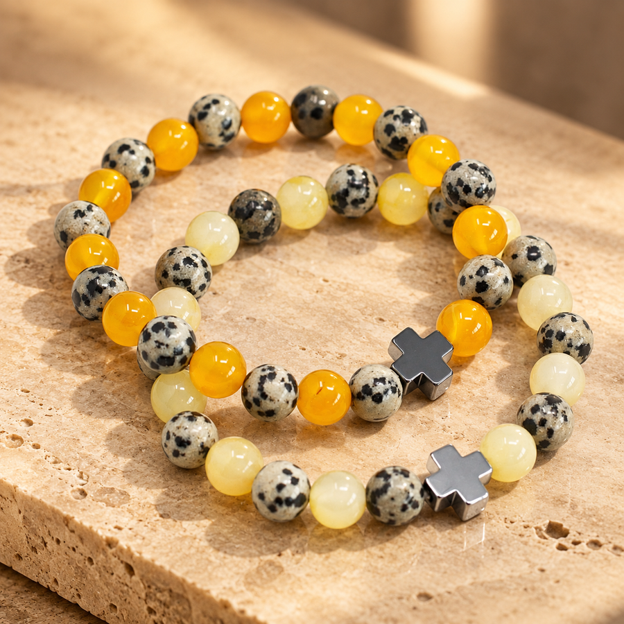 Lot de 2 bracelets d’amitié, jaspe dalmatien et agate jaune