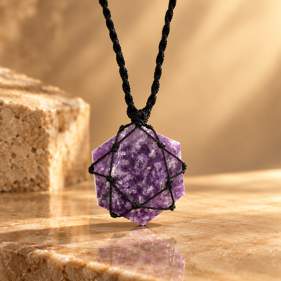 Pendentif hexagone en pierre enlacée, lépidolite