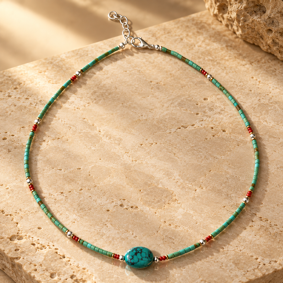 Collier népalais en perles fines, turquoise et pierre