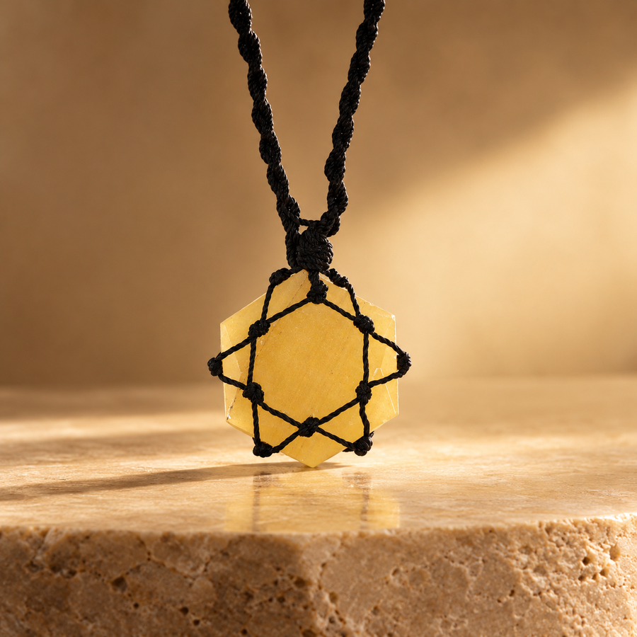 Pendentif hexagone en pierre enlacée, quartz jaune
