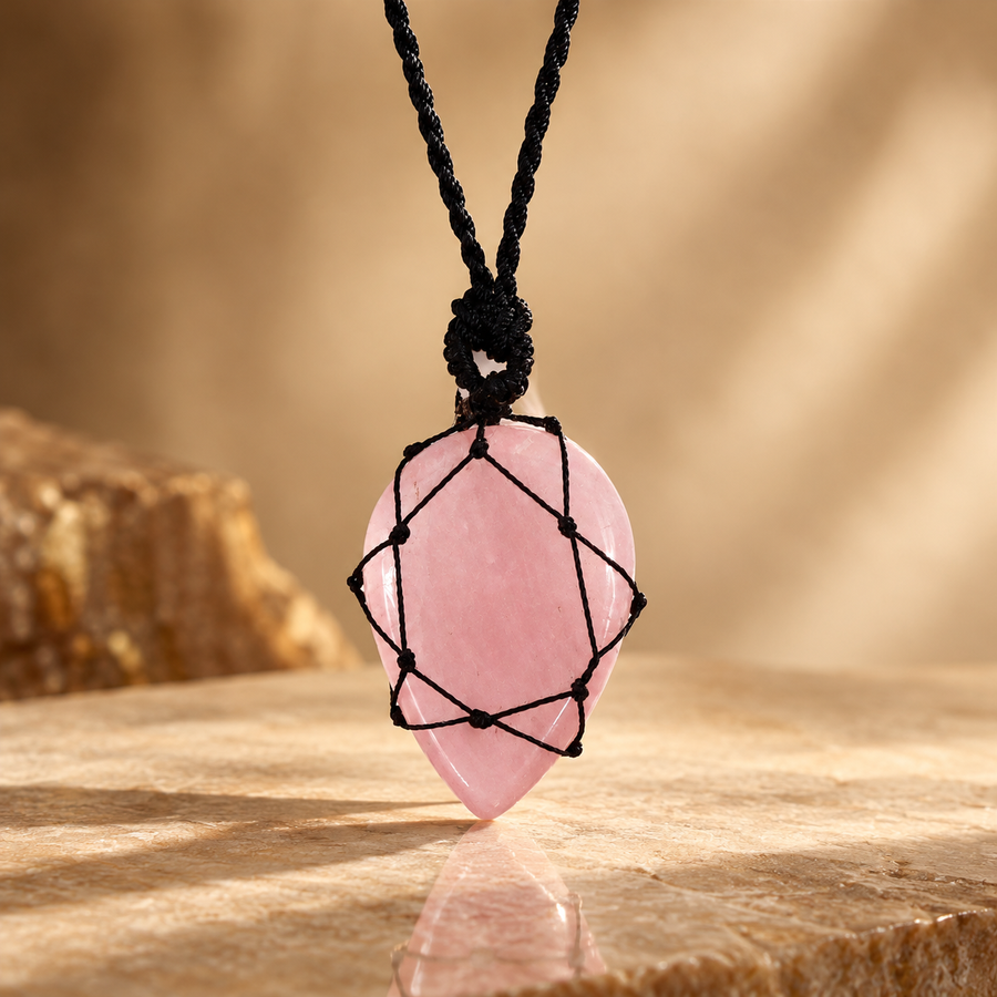 Pendentif goutte en pierre enlacée, quartz rose